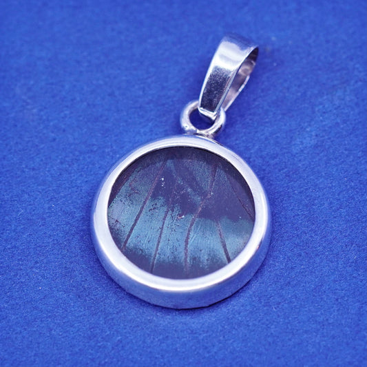 Vintage Sterling 925 silver handmade round pendant w/ resin blue butterfly wing