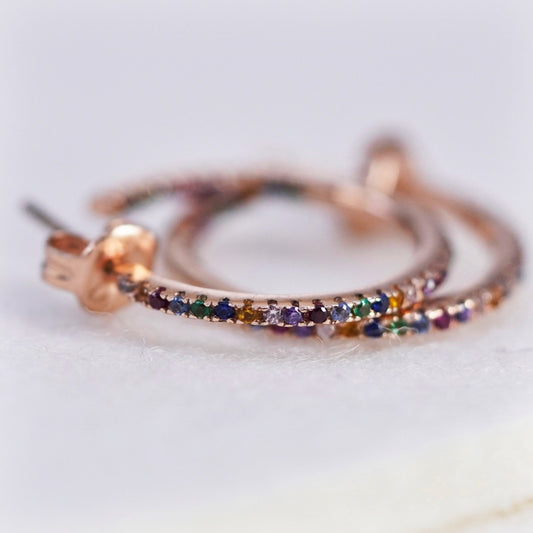 0.75”, vermeil rose gold over Sterling silver earrings, 925 hoops with crystal