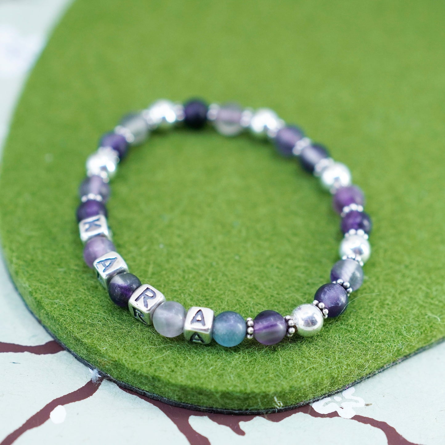 6.5”, handmade Bracelet amethyst beads and 925 sterling silver cube “Kara”