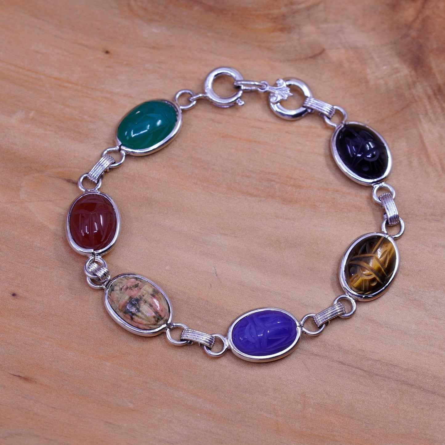 7.25”, sterling 925 silver carved bracelet golden tiger eye jasper carnelian