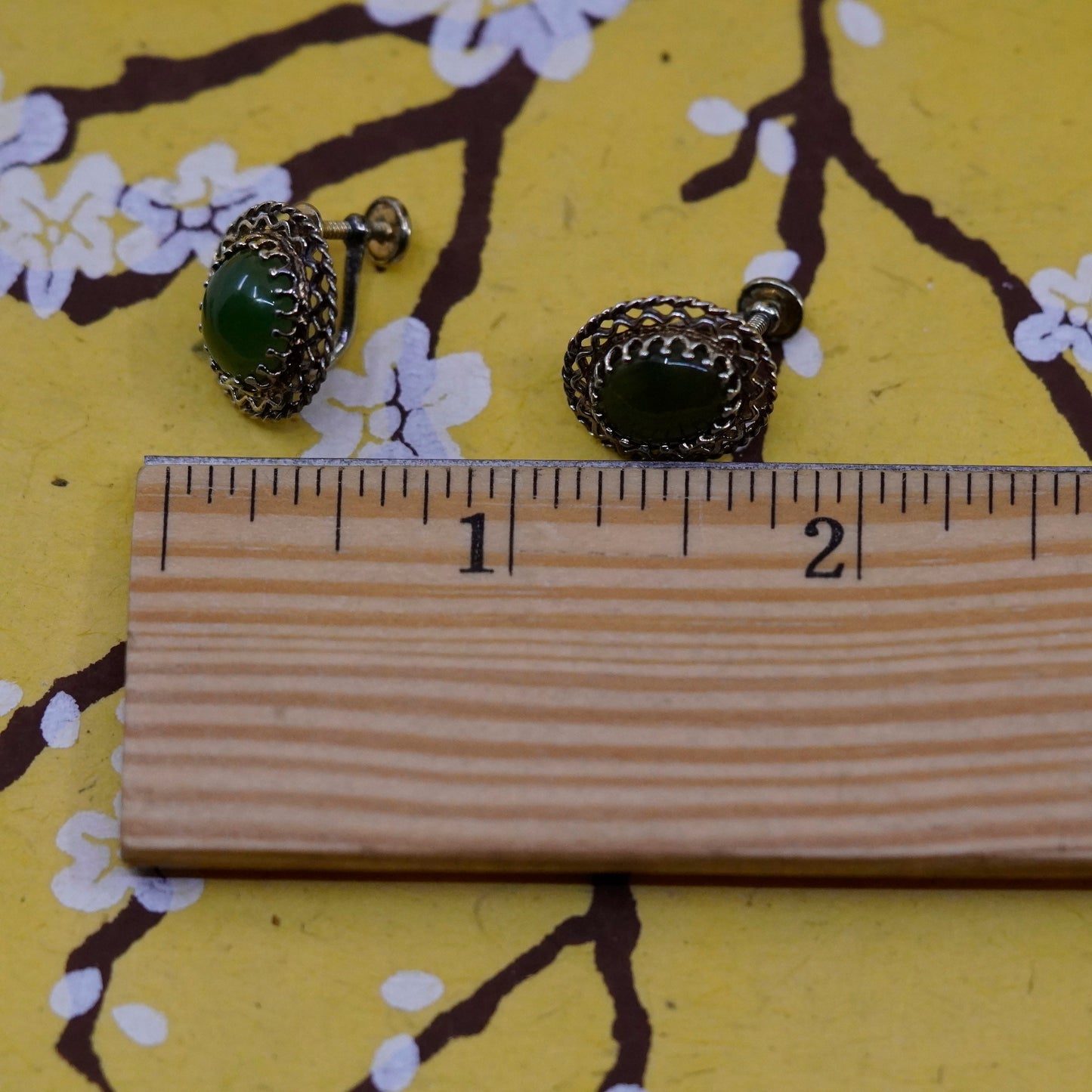 vermeil gold Sterling silver handmade screw back earrings, 925 filigree jade