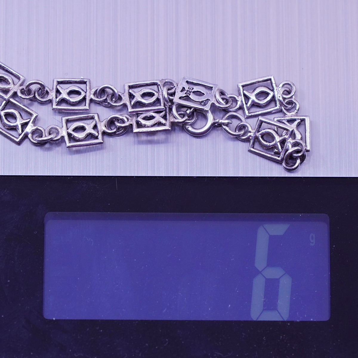 7.5”, Vintage sterling silver handmade bracelet, 925 silver fish link chain