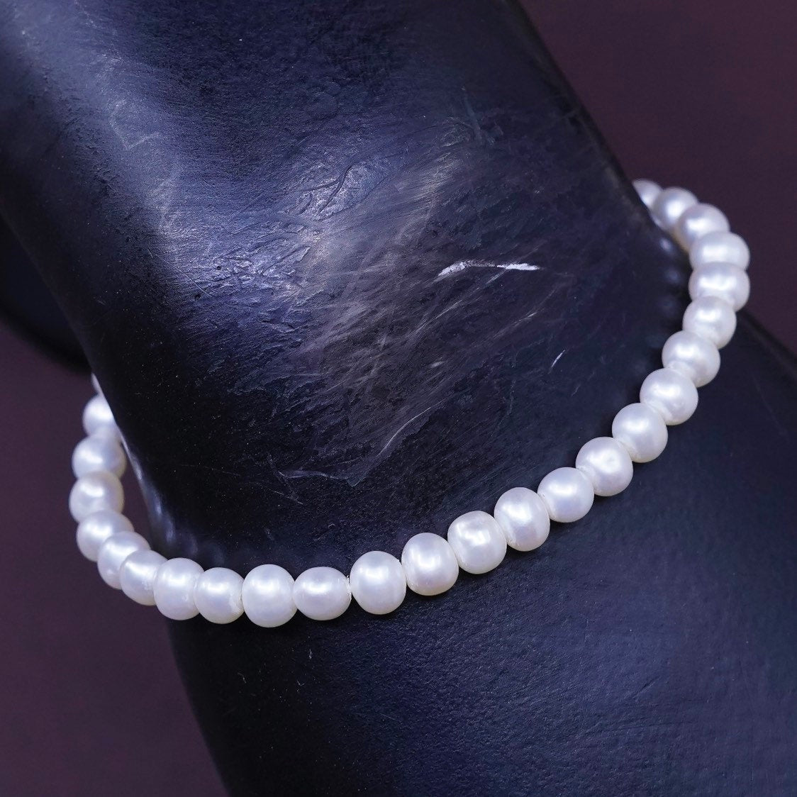 7.25”, vtg Sterling silver handmade bracelet, pearl beads chain w/ 925 clasp
