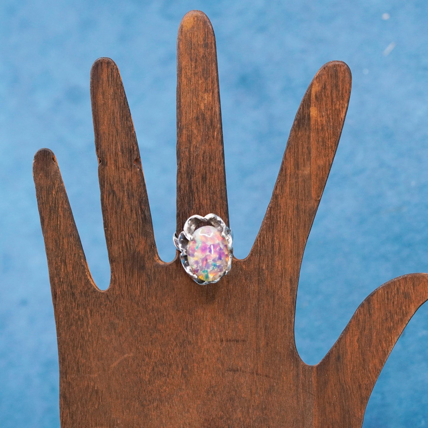 Size 6.75, vintage Mexico Sterling 925 silver handmade ring dragon foiled glass