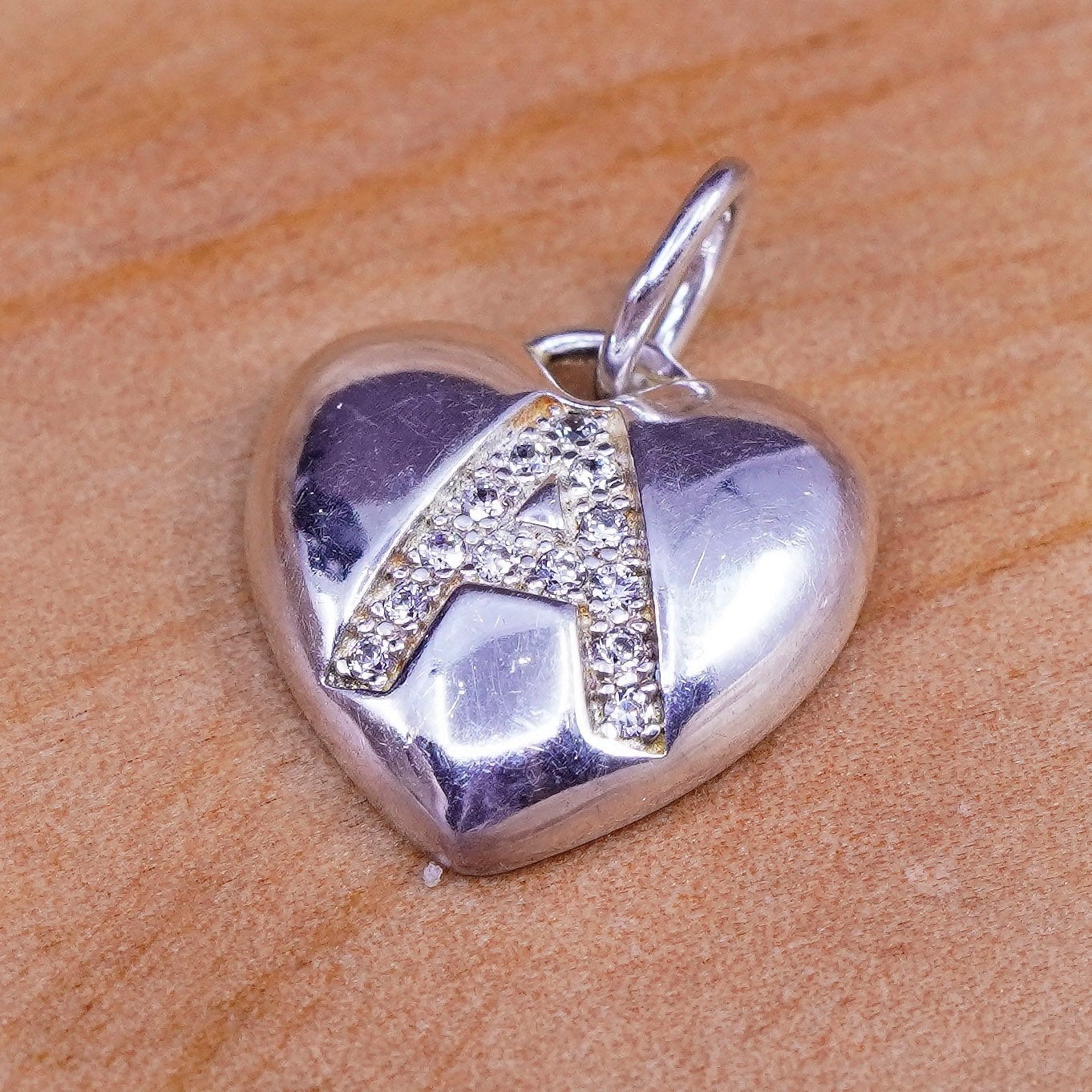 Vintage sterling silver handmade pendant, 925 heart charm, initial “A” with cz