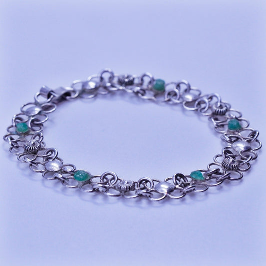 6.75”, vintage Sterling 925 silver bracelet with clover links and peridot
