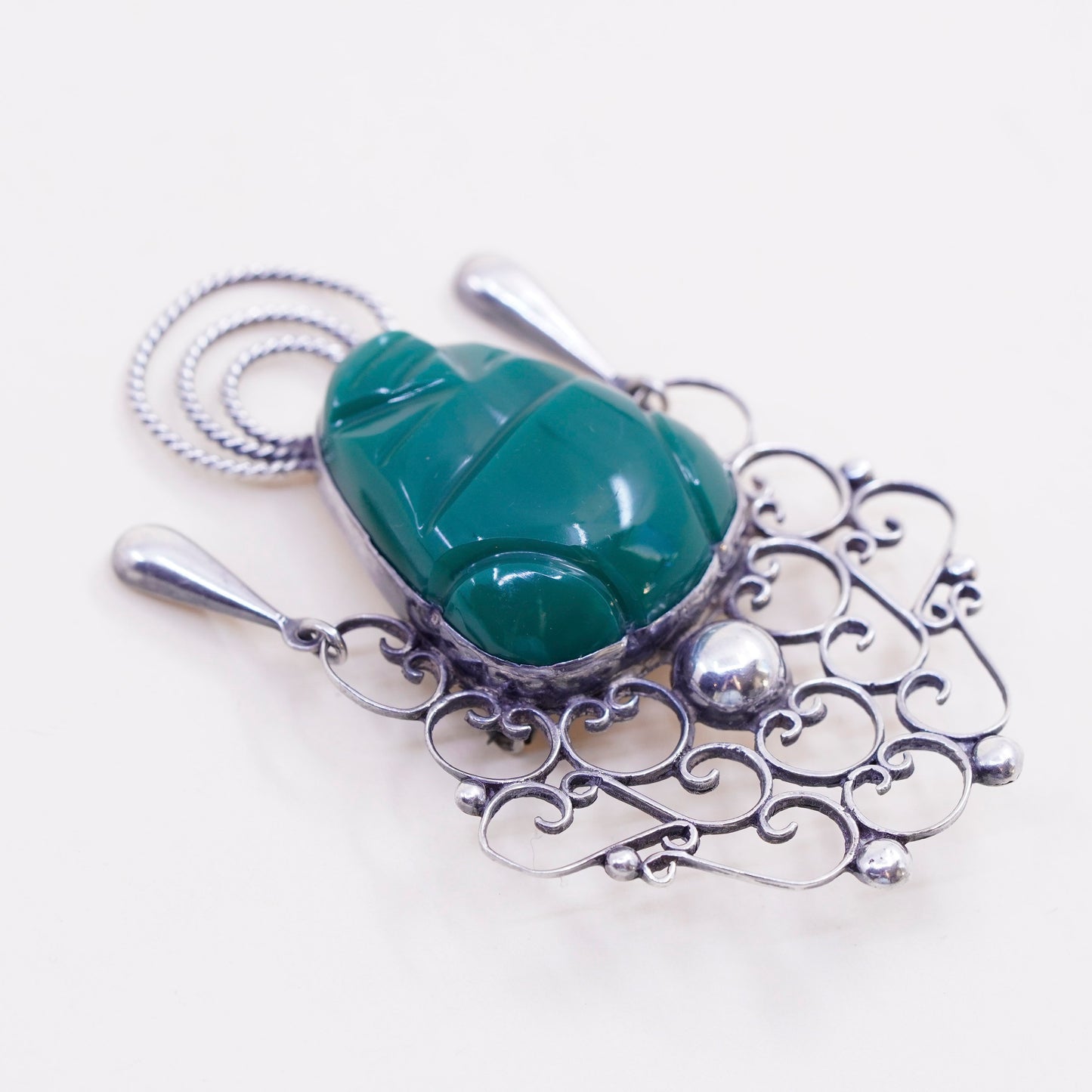 sterling silver handmade brooch, Mexico 925 pin with Carved Aztec Face teardrop