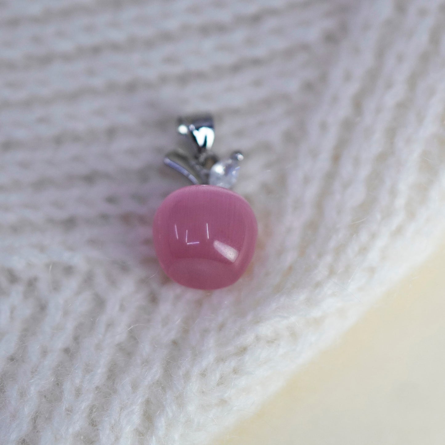 Vintage sterling silver Apple with pink cats eye, 925 handmade pendant