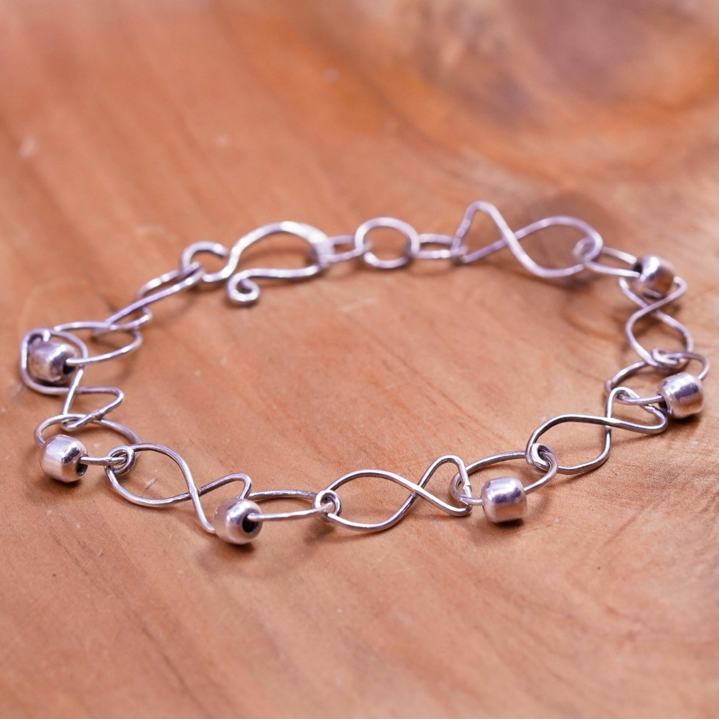 7.75”, vintage Sterling silver handmade bracelet, 925 fish link chain beads