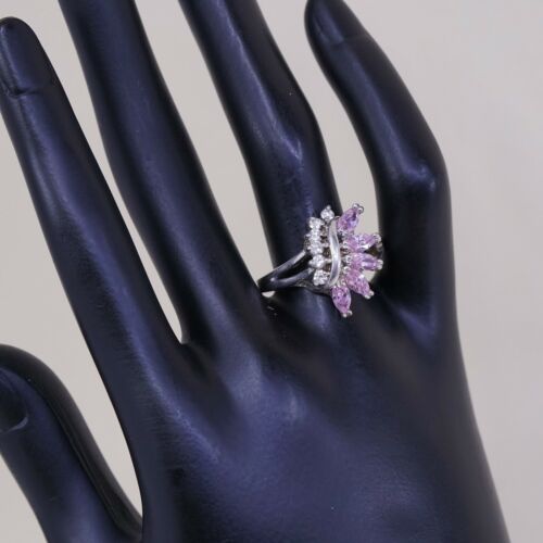 Sz 8.5, Vtg Sterling Silver Handmade Ring, 925 Silver Band W/ Cluster Pink Cz