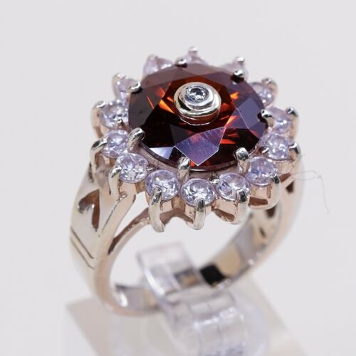 Sz 8, Vtg Vermeil Gold Sterling silver Statement ring, 925 Crown W/ Ruby N Cz