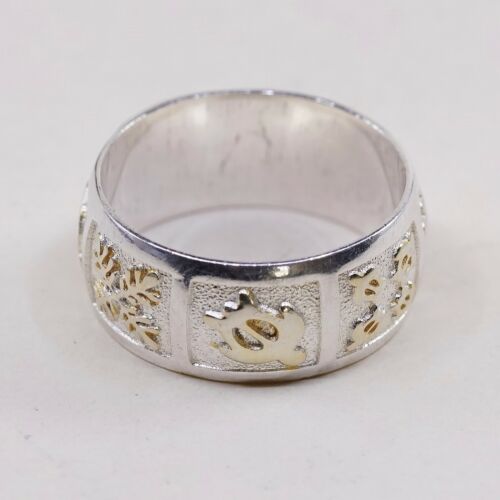 Size 7, Vtg UF Two Tone Turtle Sterling Silver Handmade Statement Ring 925 Band