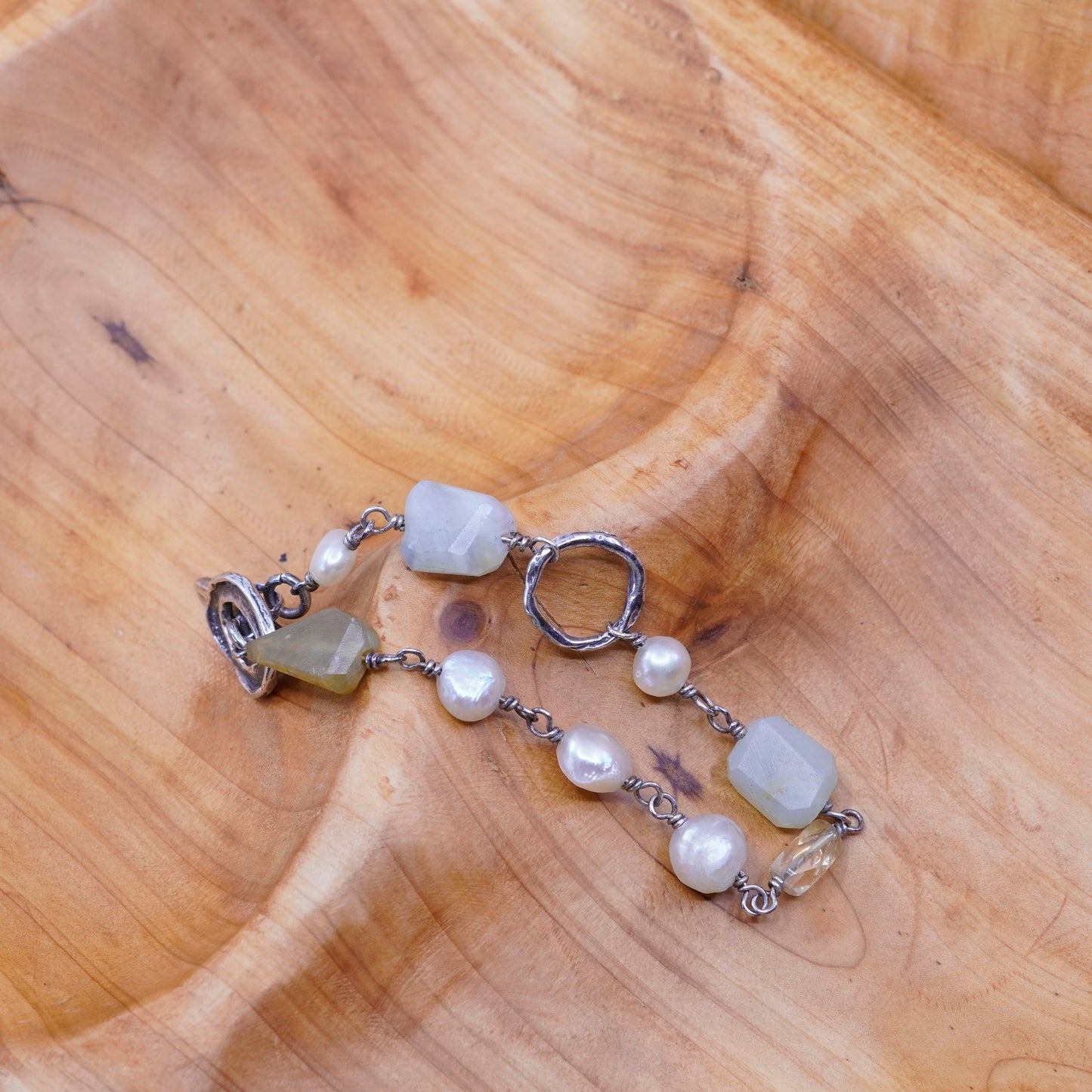 6.5”, Vintage Sterling 925 silver handmade bracelet with jade and pearl