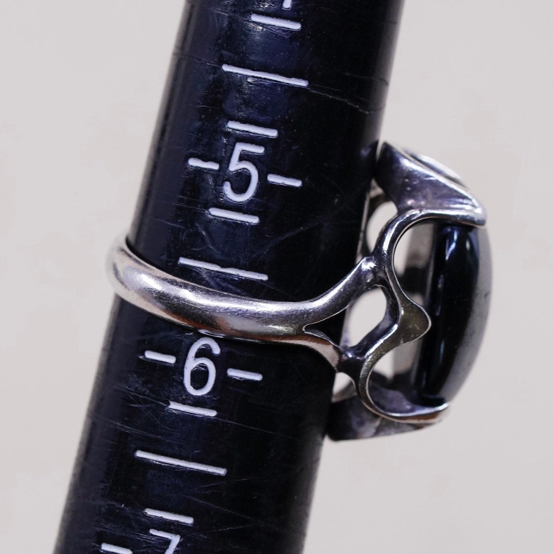 sz 5.75, vtg sterling silver handmade ring, mexico 925 flower w/ hematite bead