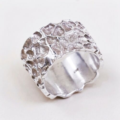Size 8, Vtg Sterling Silver Handmade Textured Statement Ring 925 Wide Band