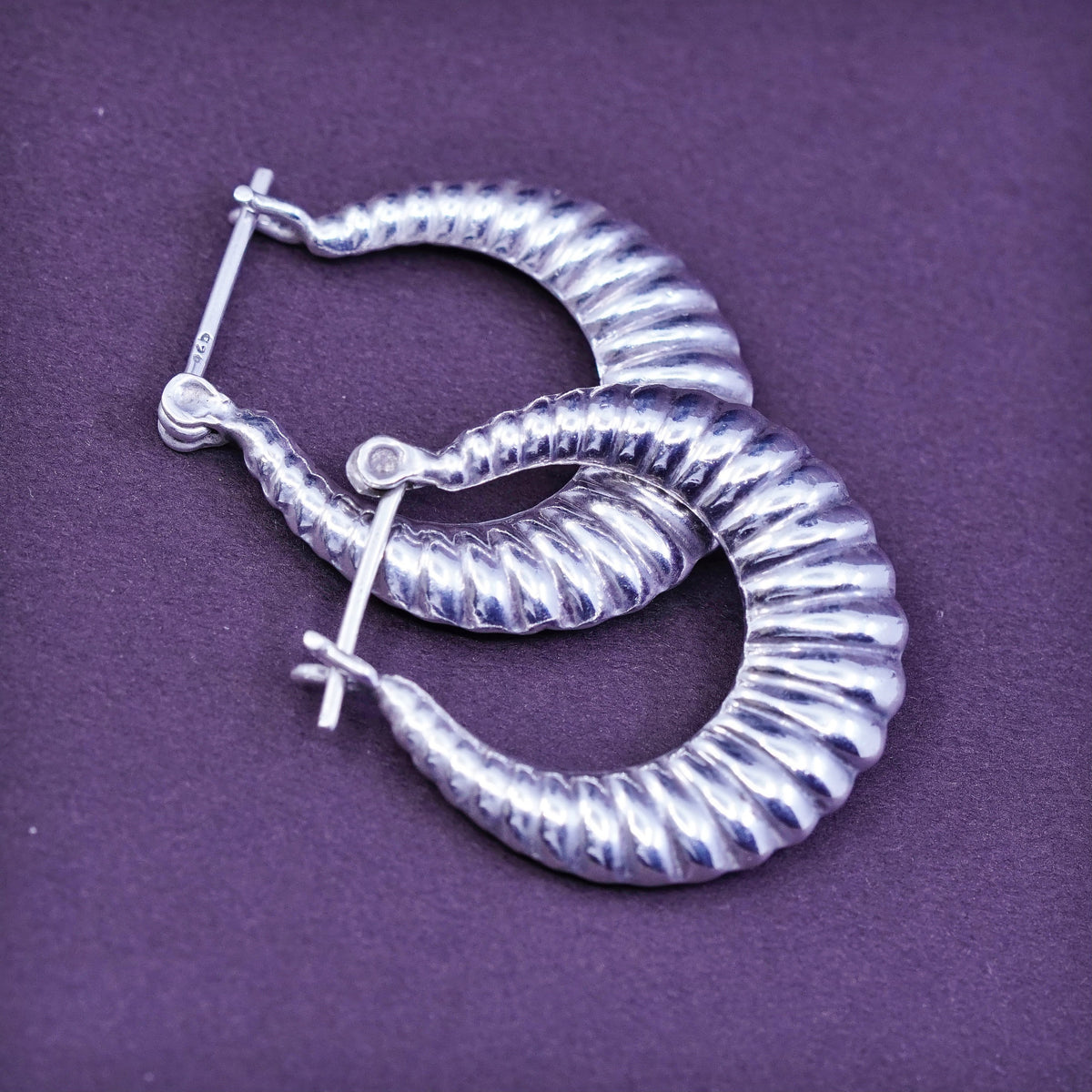 1”, vintage Sterling silver handmade earrings, ribbed hoops Huggie