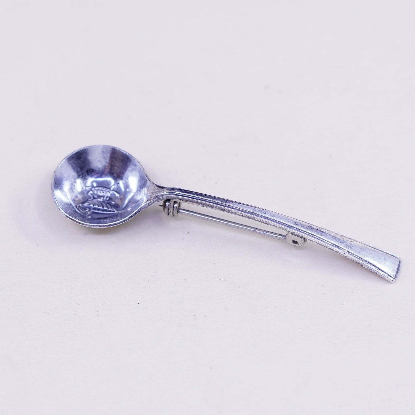 Vintage sterling silver handmade brooch, 925 spoon pin, stamped Sterling fine art