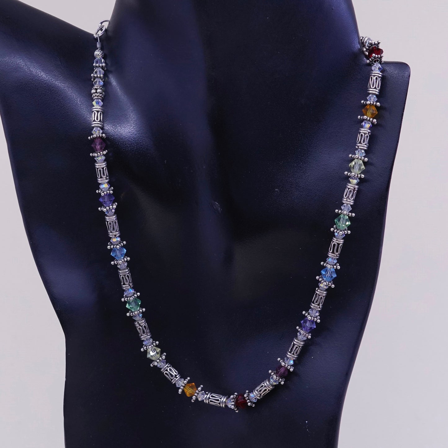 16+2”, sterling silver handmade beads necklace, 925 beads with crystal beads