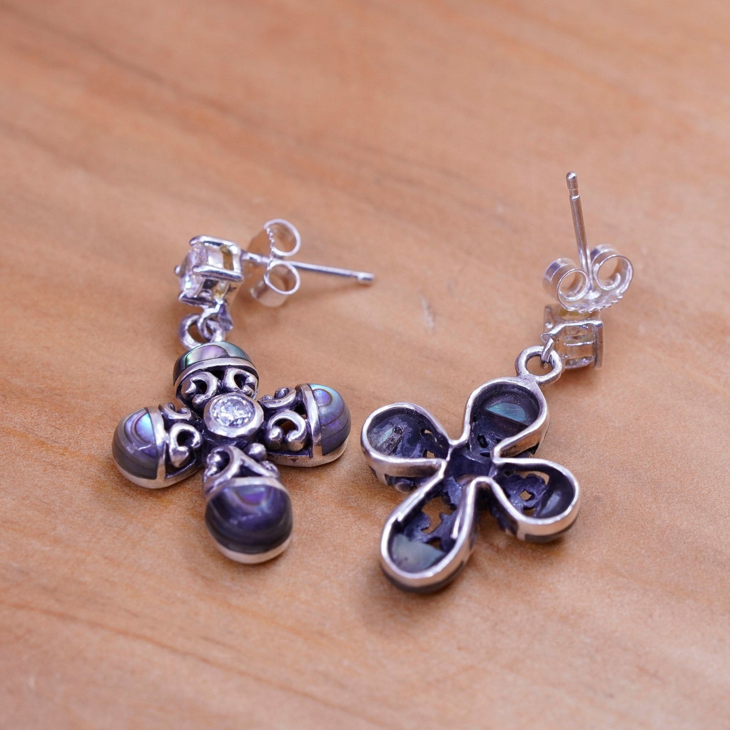 Vintage Sterling 925 silver handmade cross earrings with abalone and cz