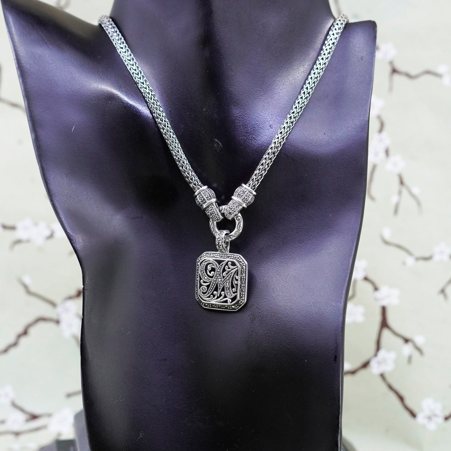 17”, sterling 925 silver necklace, wheat chain marcasite initial “M” pendant