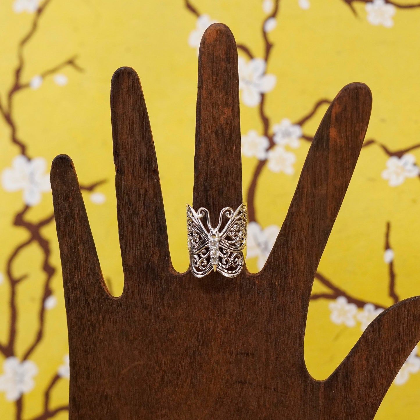 Size 7, Vintage Sterling silver handmade ring, 925 filigree butterfly band cz