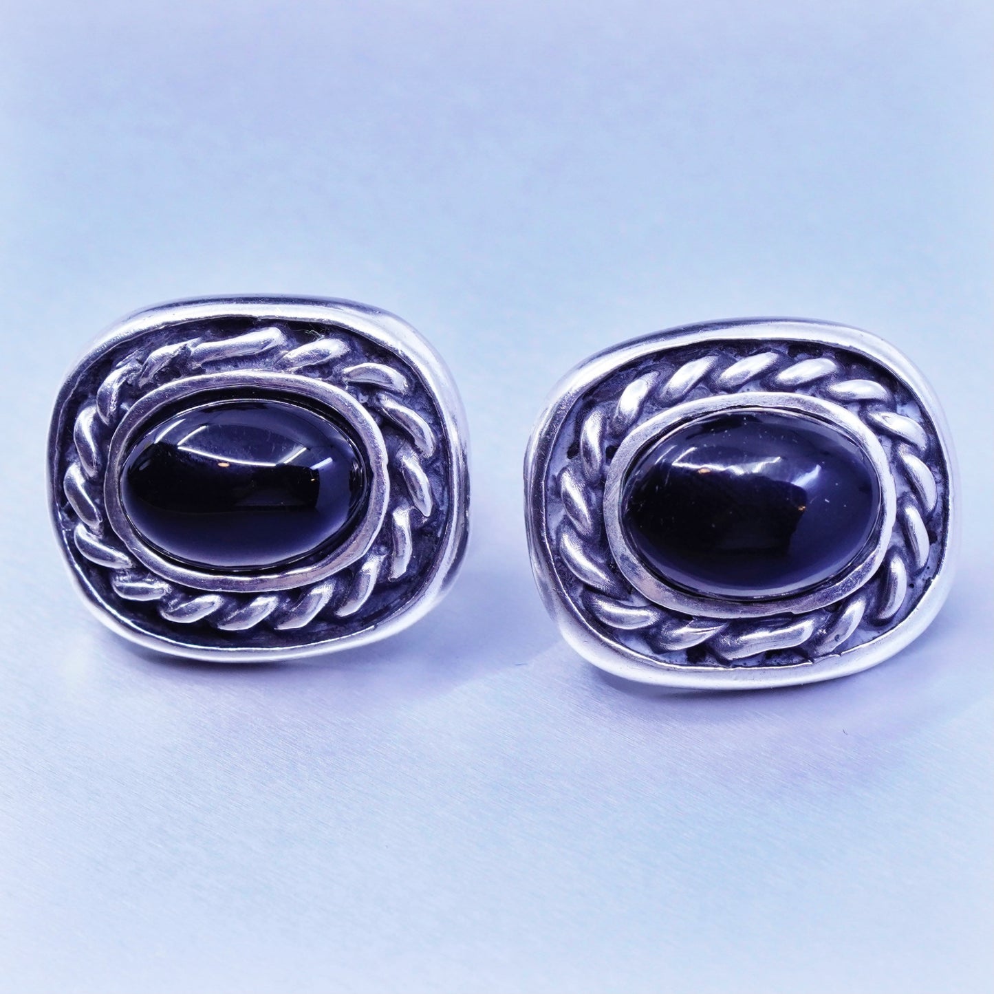 Vintage Sterling 925 silver handmade earrings, clip on w/ black onyx and cable
