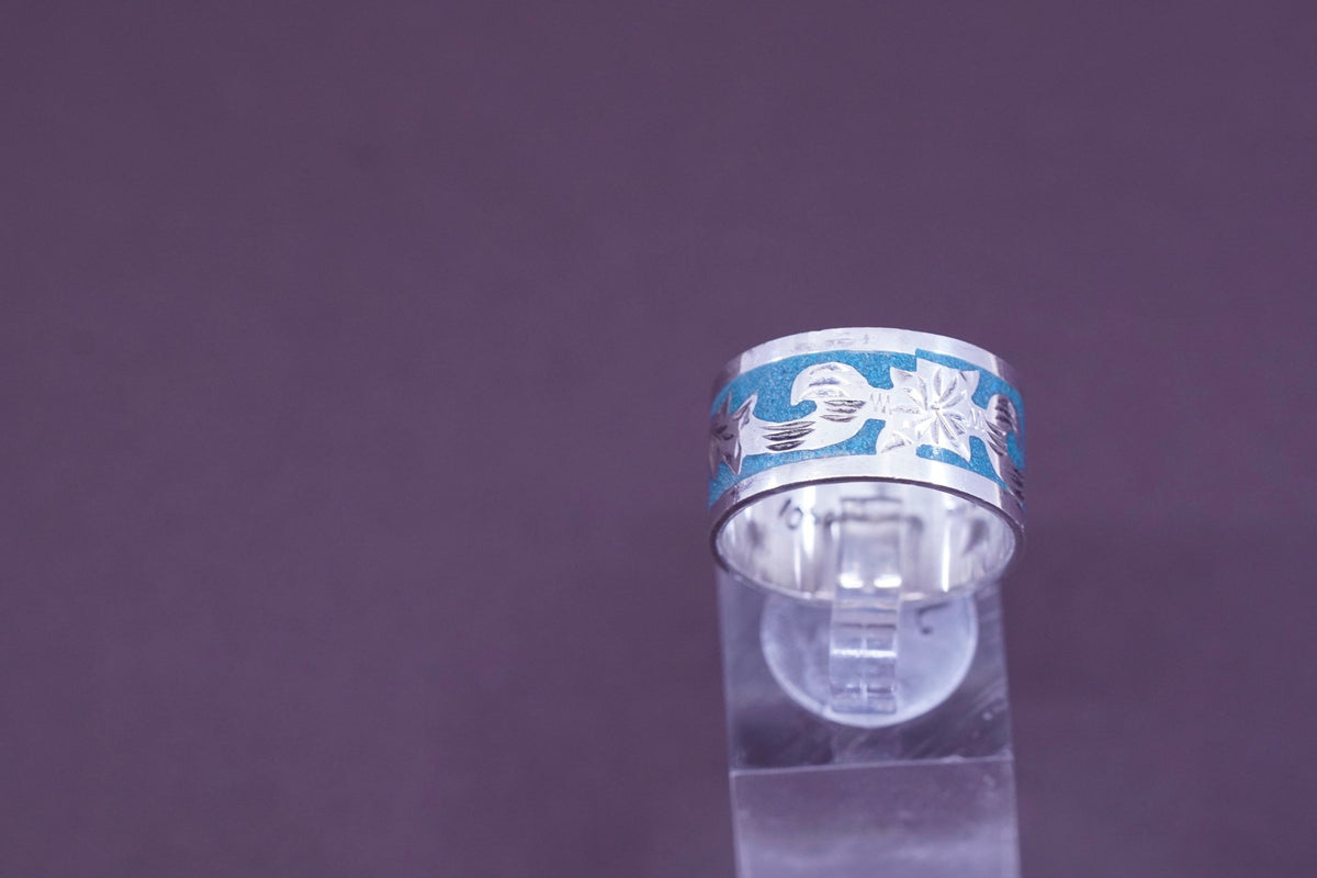 sz 10, Sterling silver ring, Native American, 925 wide band w/ turquoise