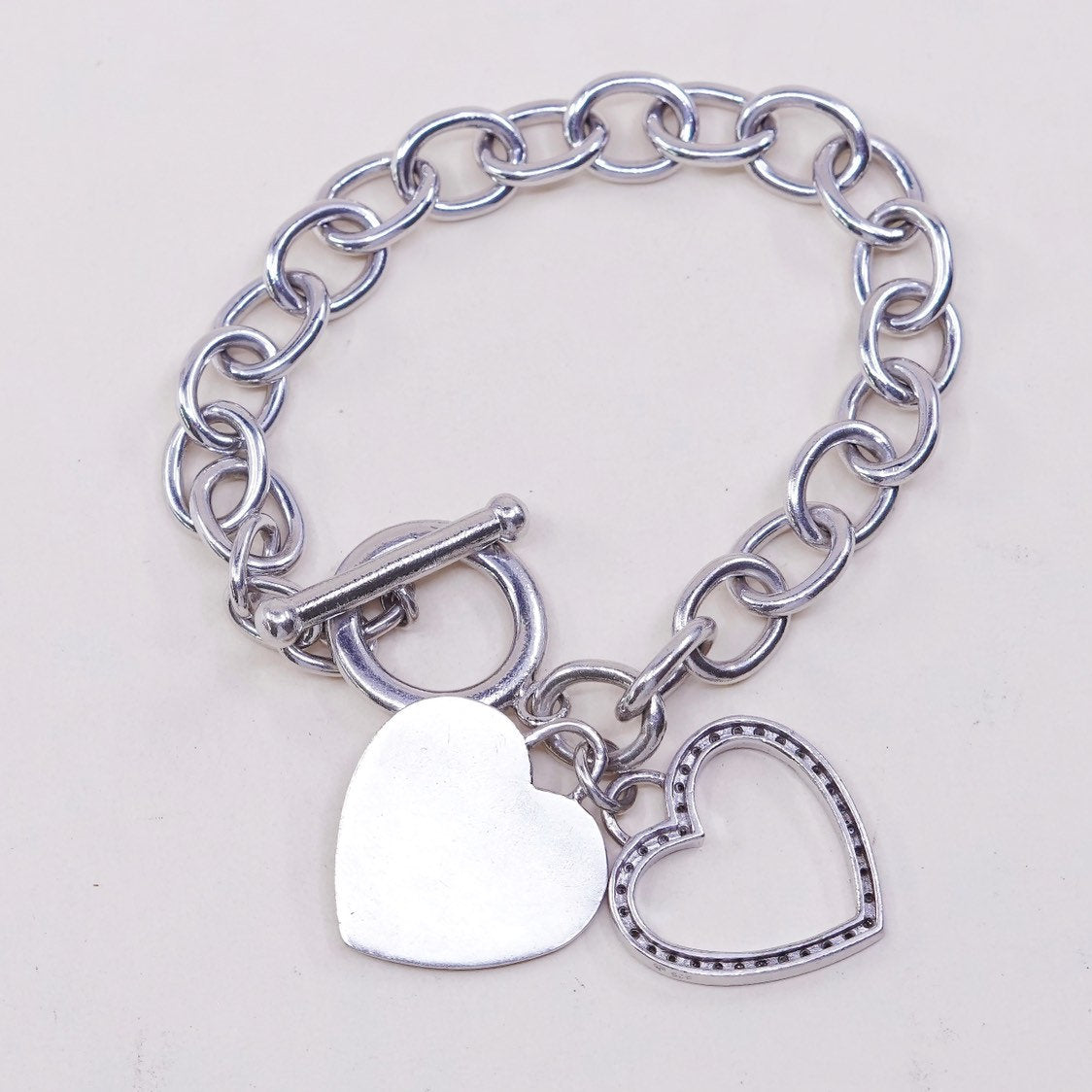 6.75", VTG sterling silver handmade circle bracelet, 925 w/ diamond heart charm