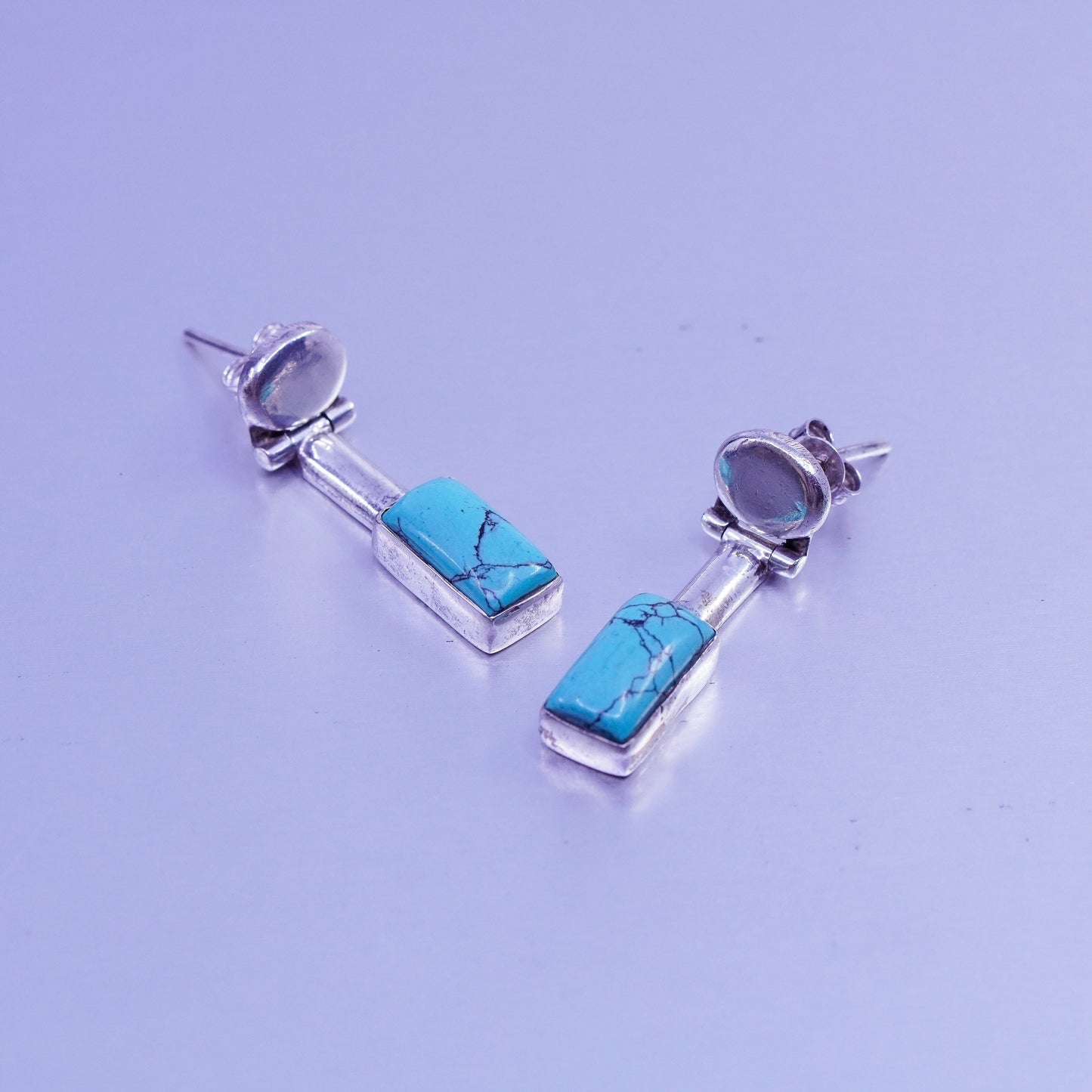 Vintage Sterling 925 silver handmade earrings with rectangular turquoise