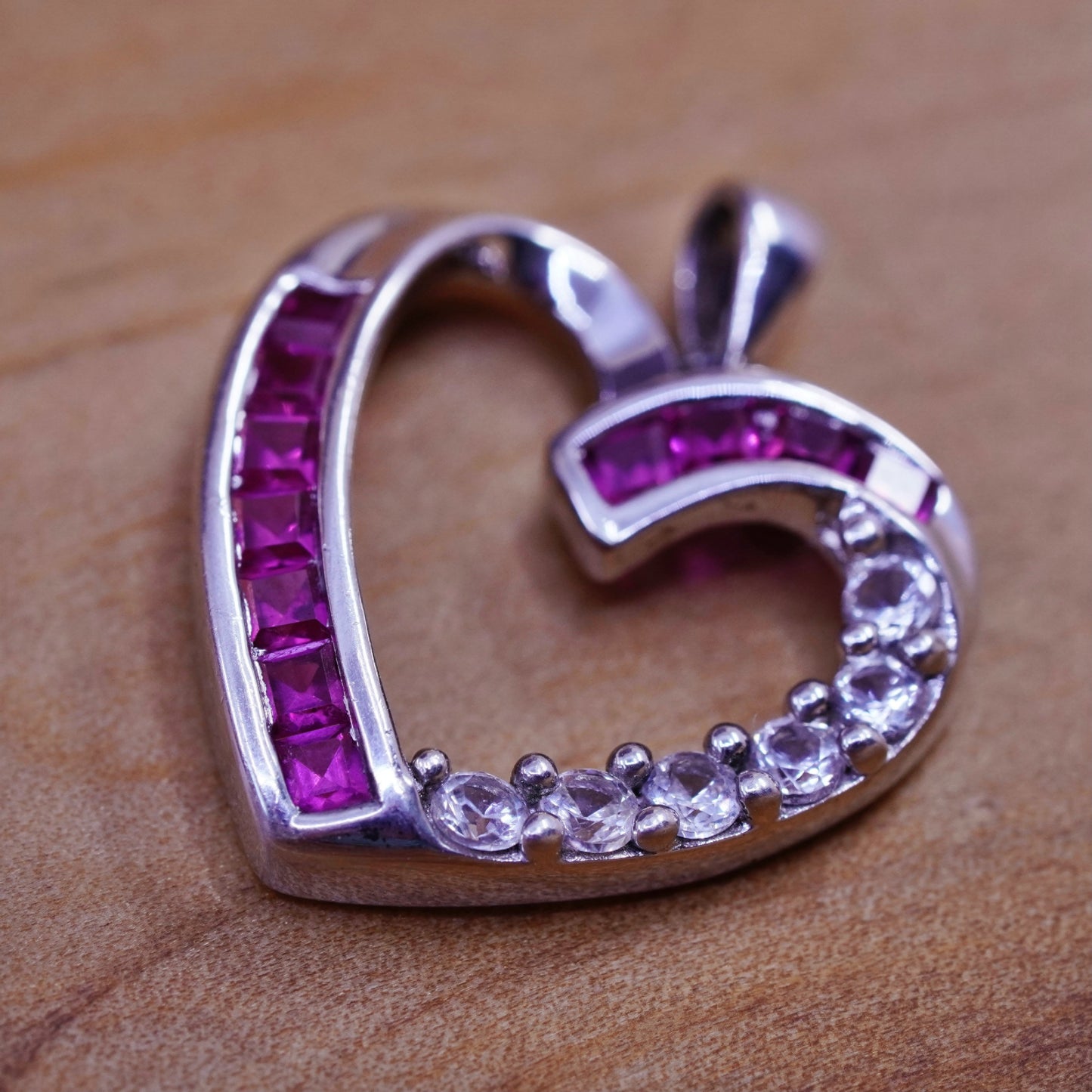Vintage Sterling 925 silver heart pendant with pink Cz