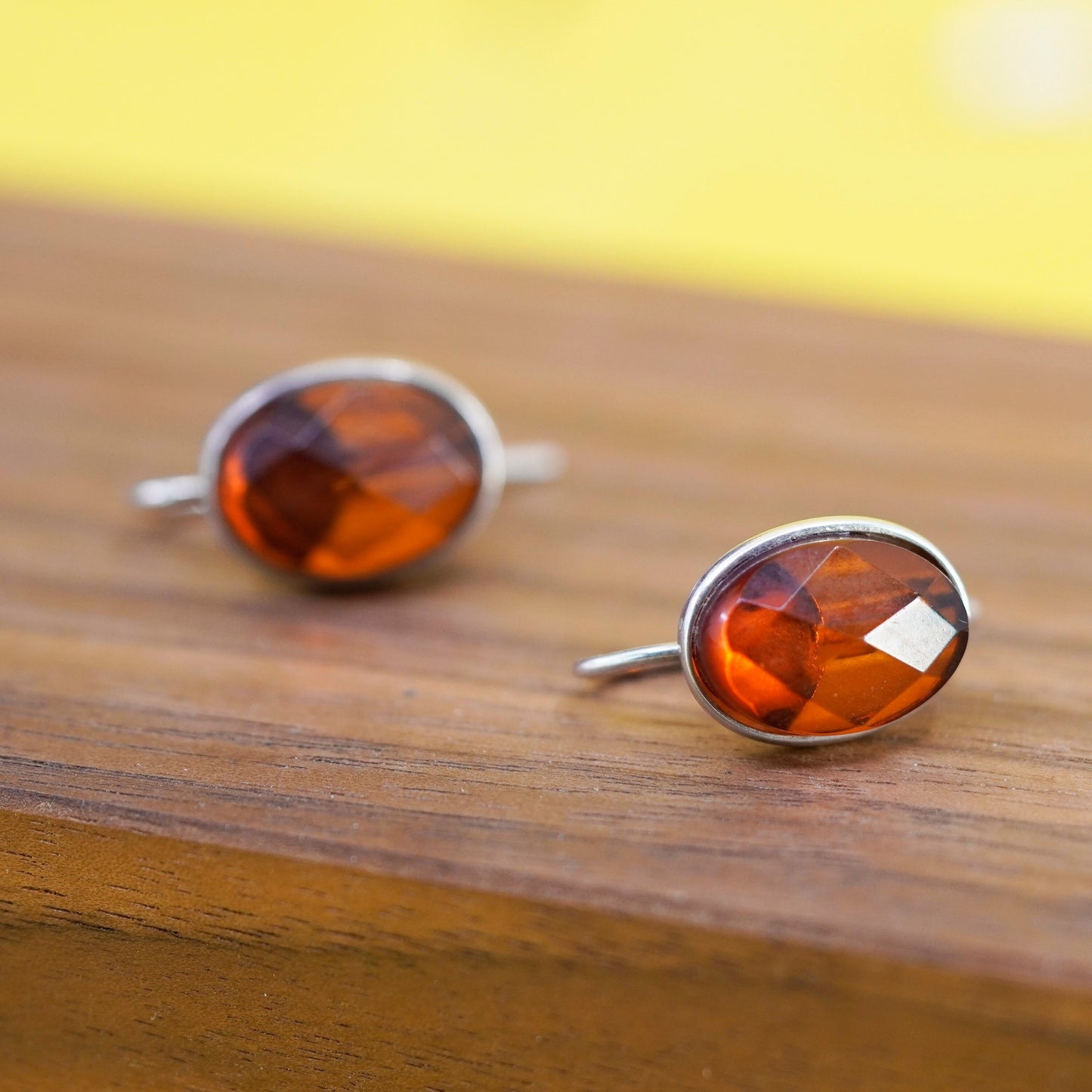 Vintage Sterling 925 silver handmade earrings with oval Amber