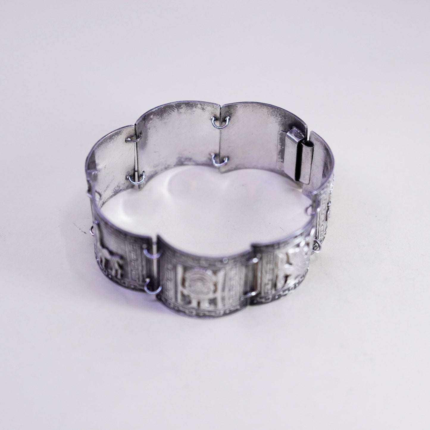 6”, vintage Signed JFG Peru 925 Sterling Silver Wide Bracelet, Aztec Mayan