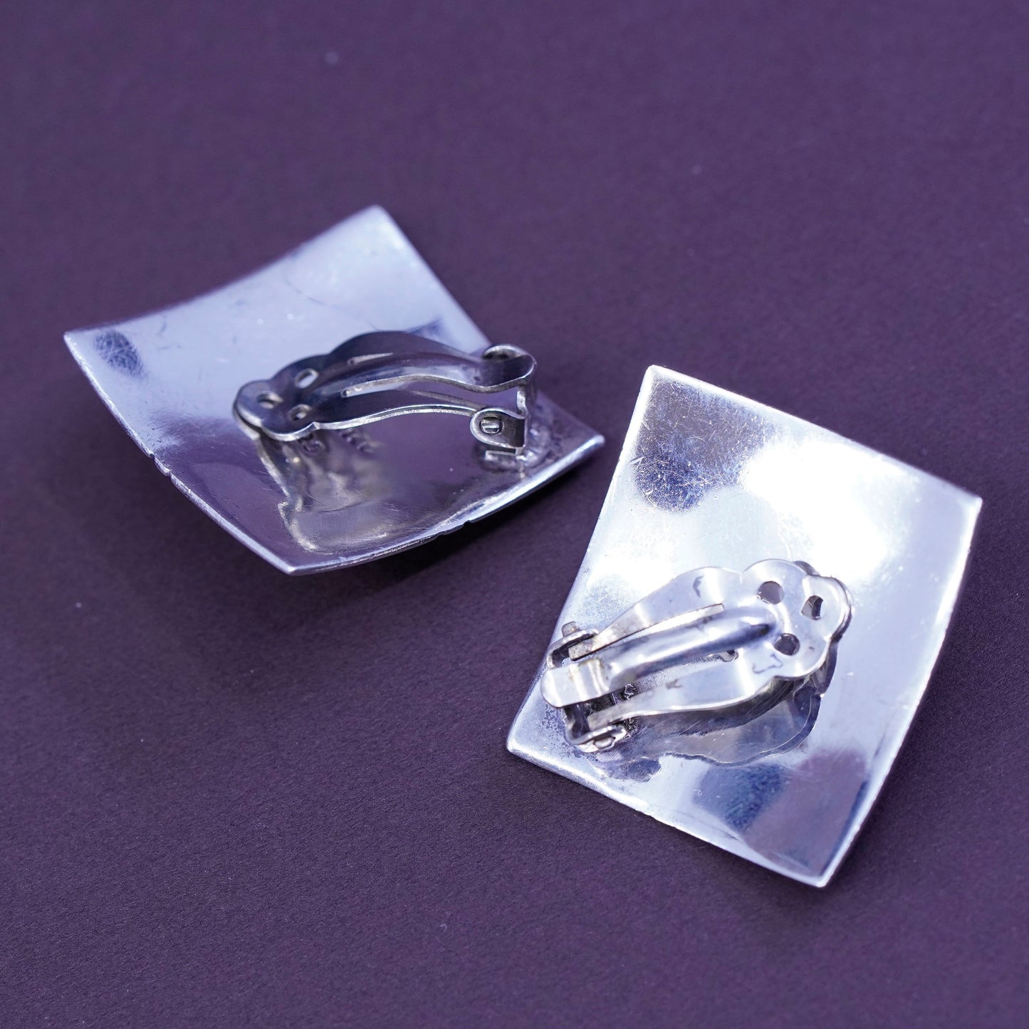 mexico Sterling silver handmade earrings, modern 925 square clip on w/ amethyst