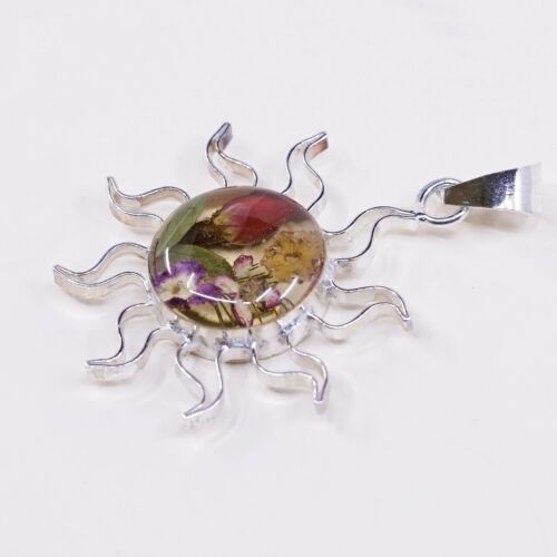 Vintage Sterling Silver Handmade Pendant, 925 Silver With Resin Flower Sun