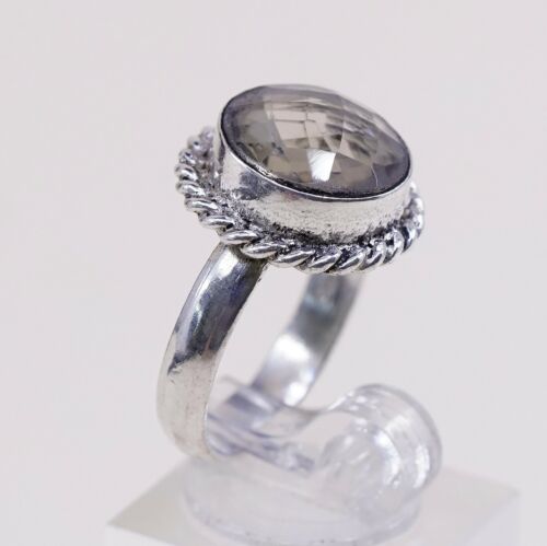 Sz 8.5, Sterling Silver Ring, 925 Silver Engagement Ring W/ Smoky Crystal