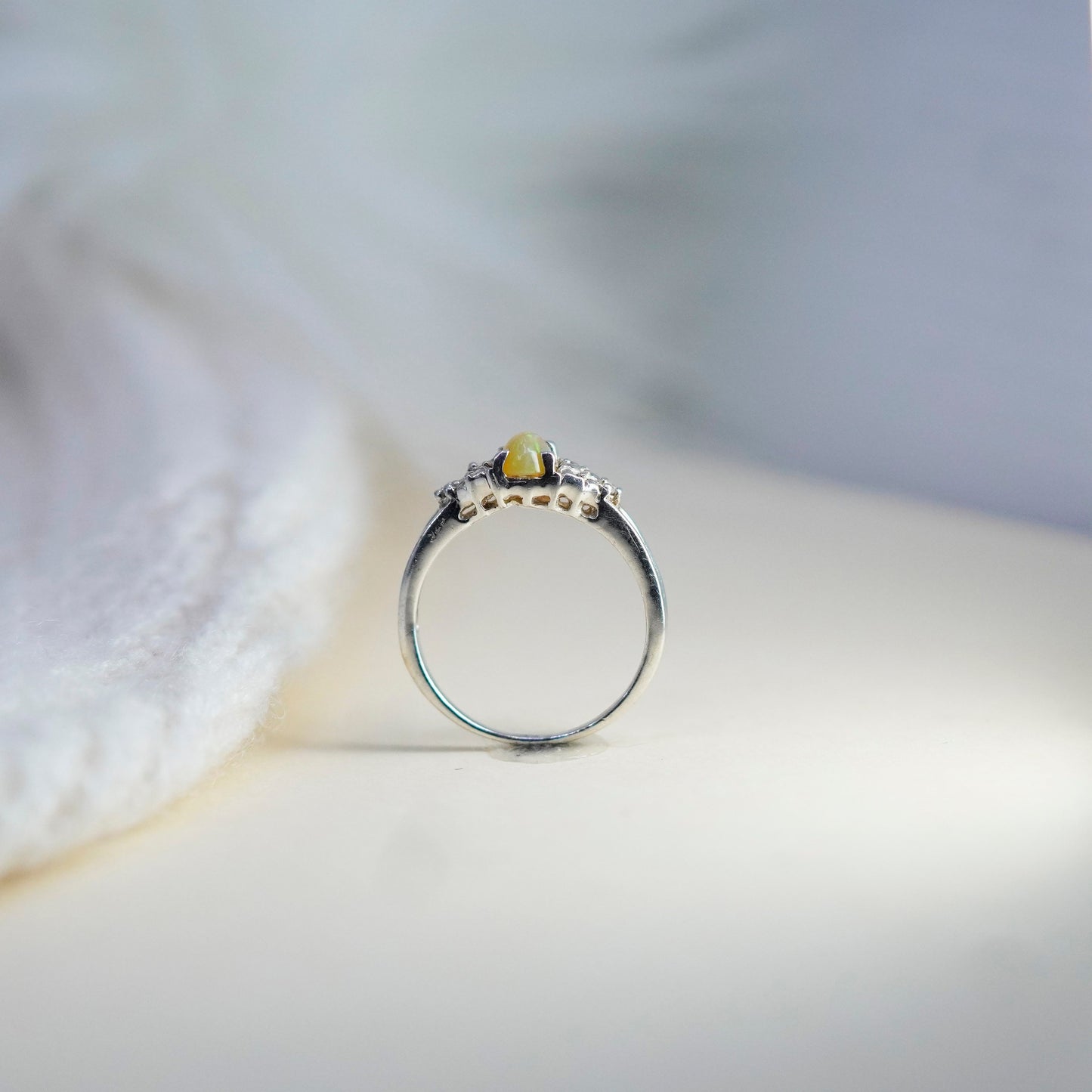 Size 7.25, vintage Sterling 925 silver handmade ring with oval opal and cz