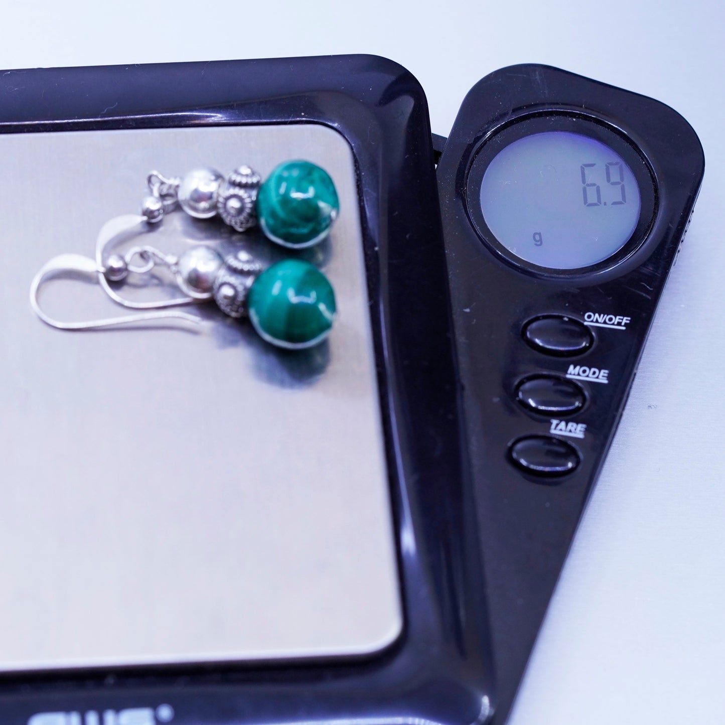 Vintage Sterling 925 silver handmade earrings with malachite beads and flowers
