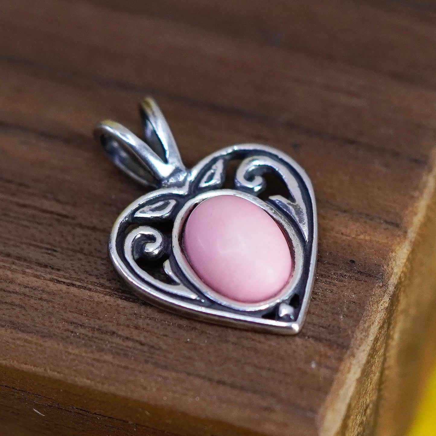 Vintage sterling silver pendant, 925 filigree heart with pink stone