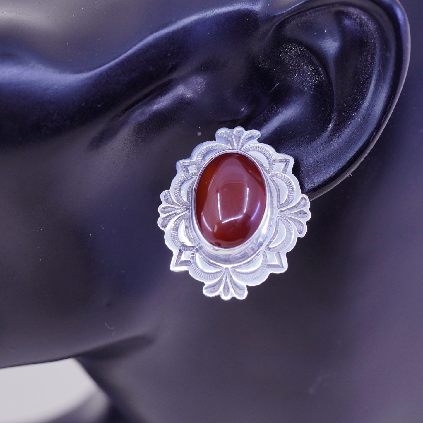 Native American alex sanchez handmade earrings. Navajo Sterling 925 Silver and carnelian studs, stamped Alex Sanchez sterling