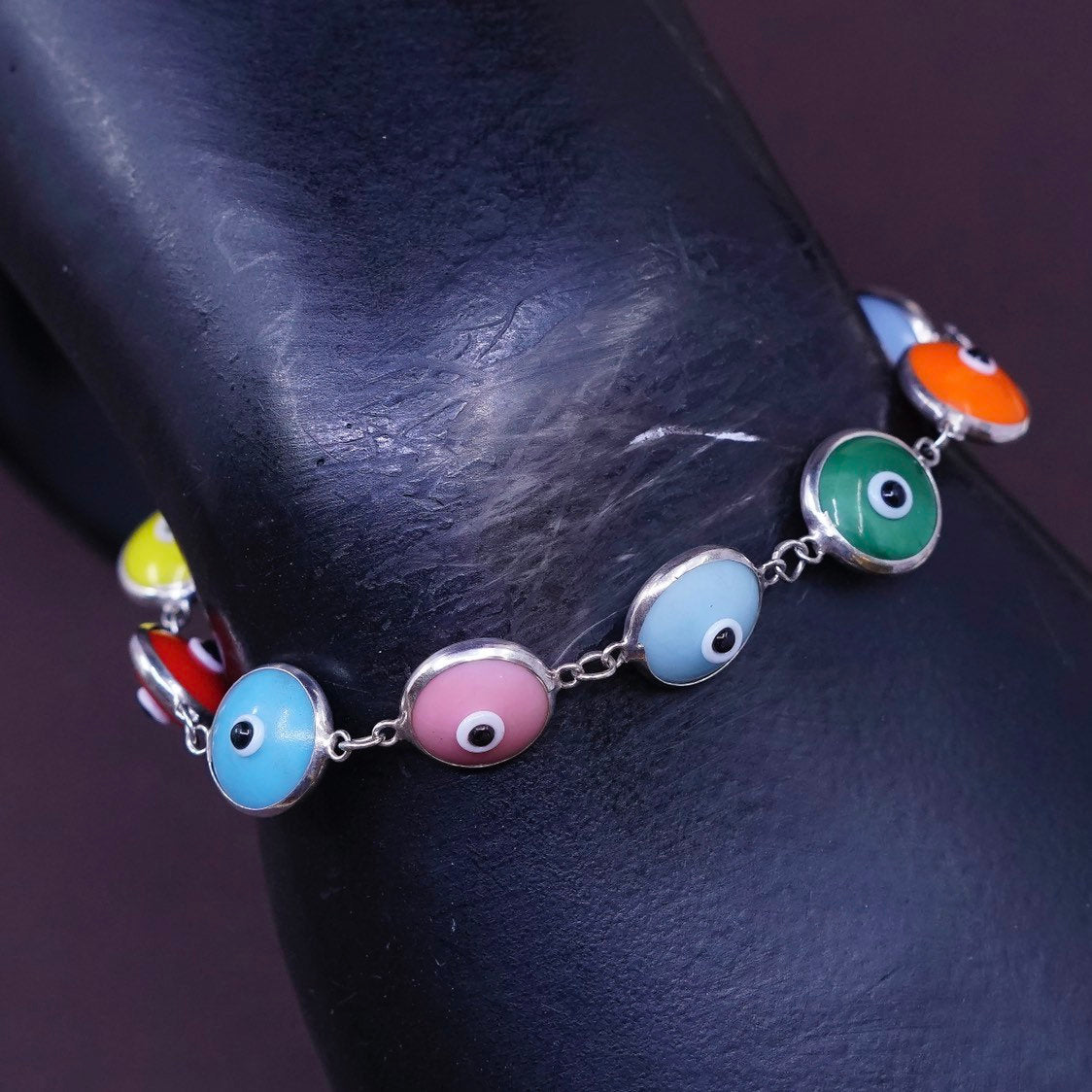 7", vtg sterling silver handmade chain, 925 evil eye bracelet, stamped 925