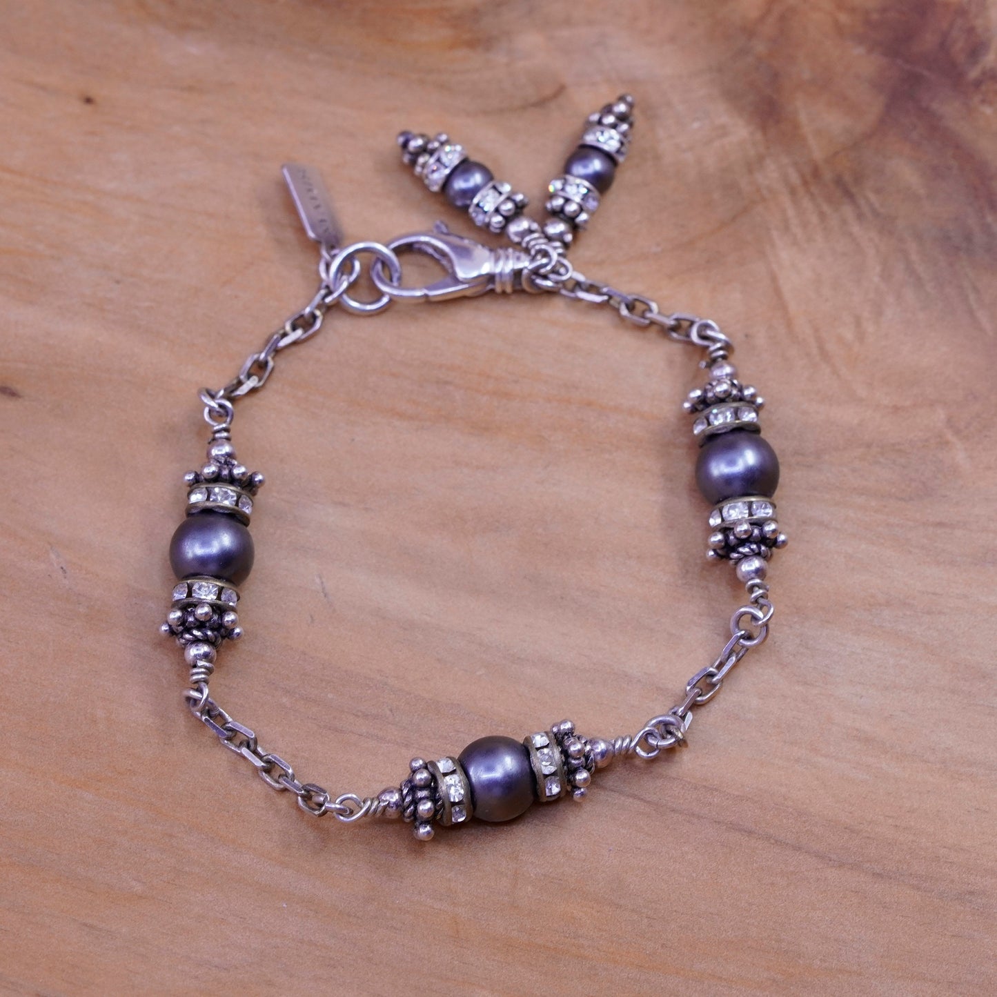 6.75”, Madis Sterling 925 silver beads bracelet with black pearl and crystal