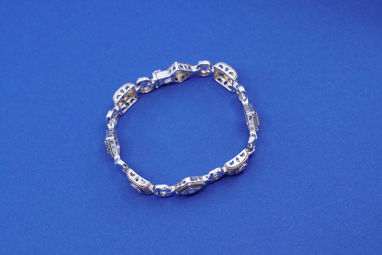 7”, Sterling 925 silver tennis bracelet w/ amethyst, peridot ruby citrine topaz