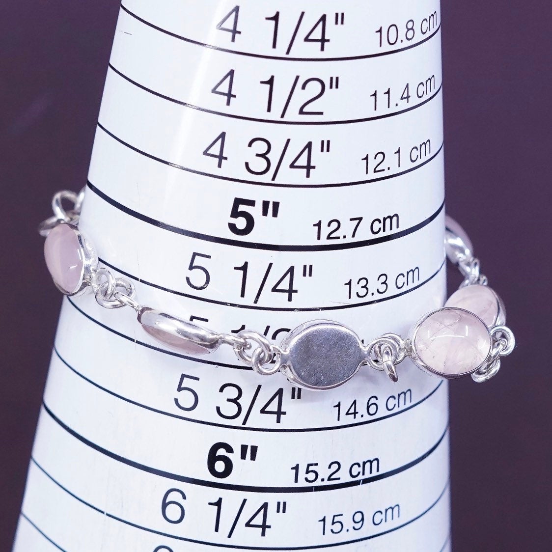 5.5”, vtg Sterling silver handmade bracelet, Mexico 950 w/ pink quartz n toggle