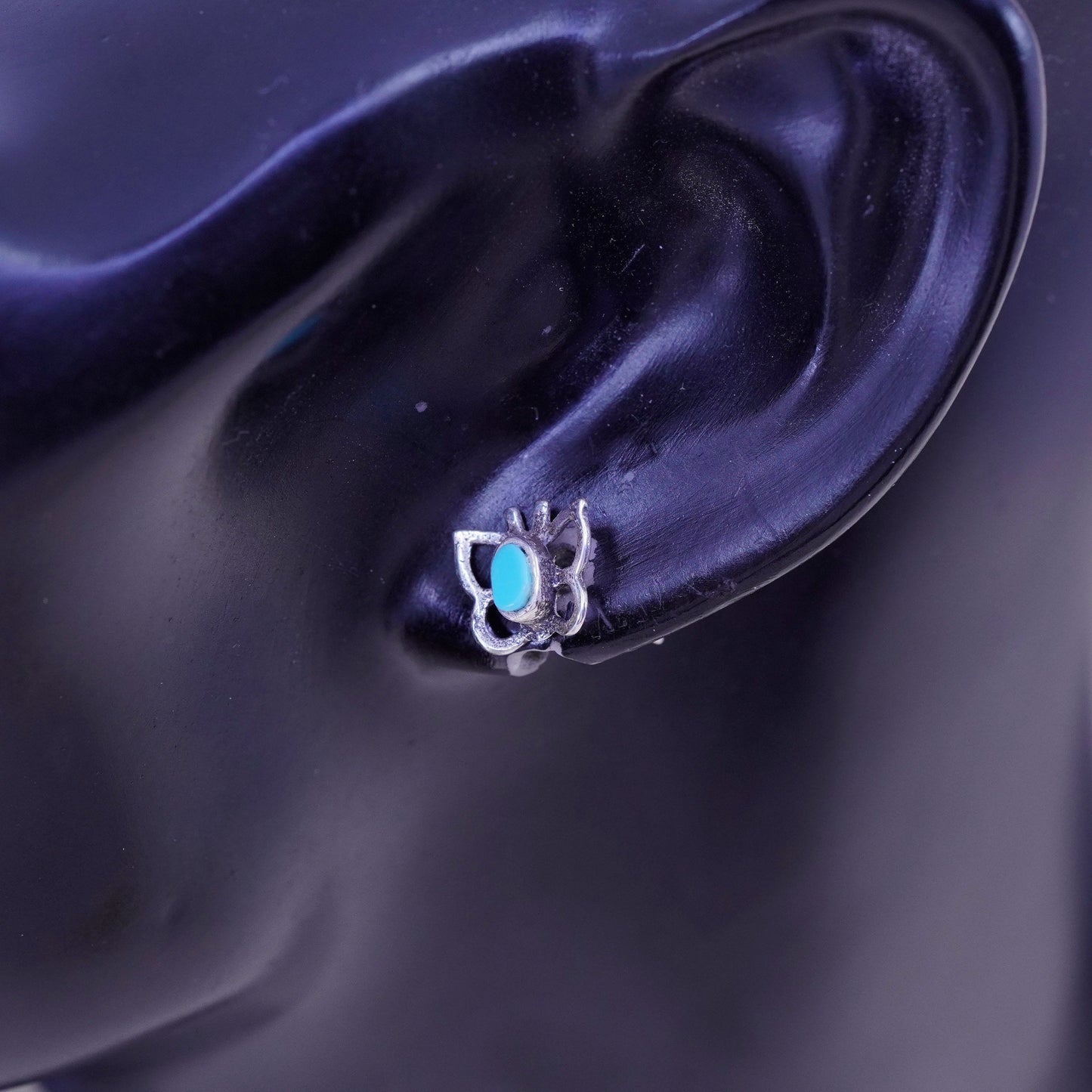 Vintage sterling 925 silver handmade butterfly studs, earrings with turquoise