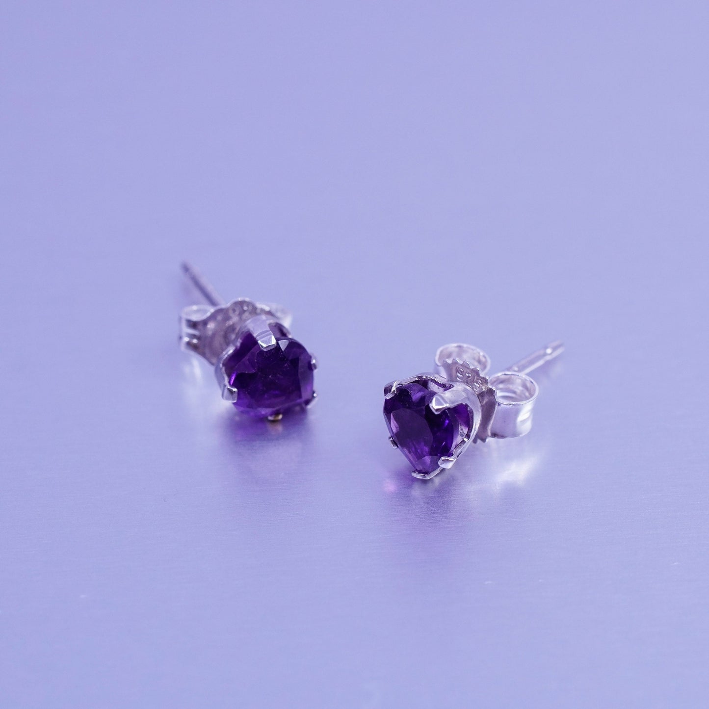 Vintage Sterling 925 silver earrings, studs with heart amethyst