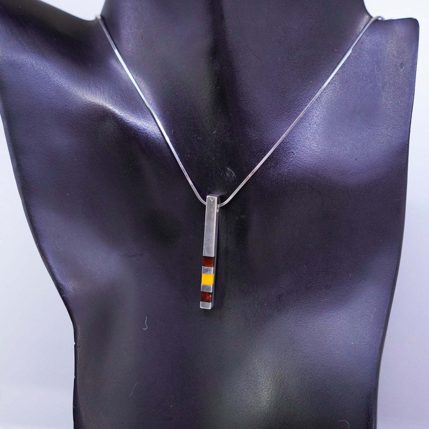 18”, vintage Sterling silver necklace, 925 snake chain with bar pendant amber
