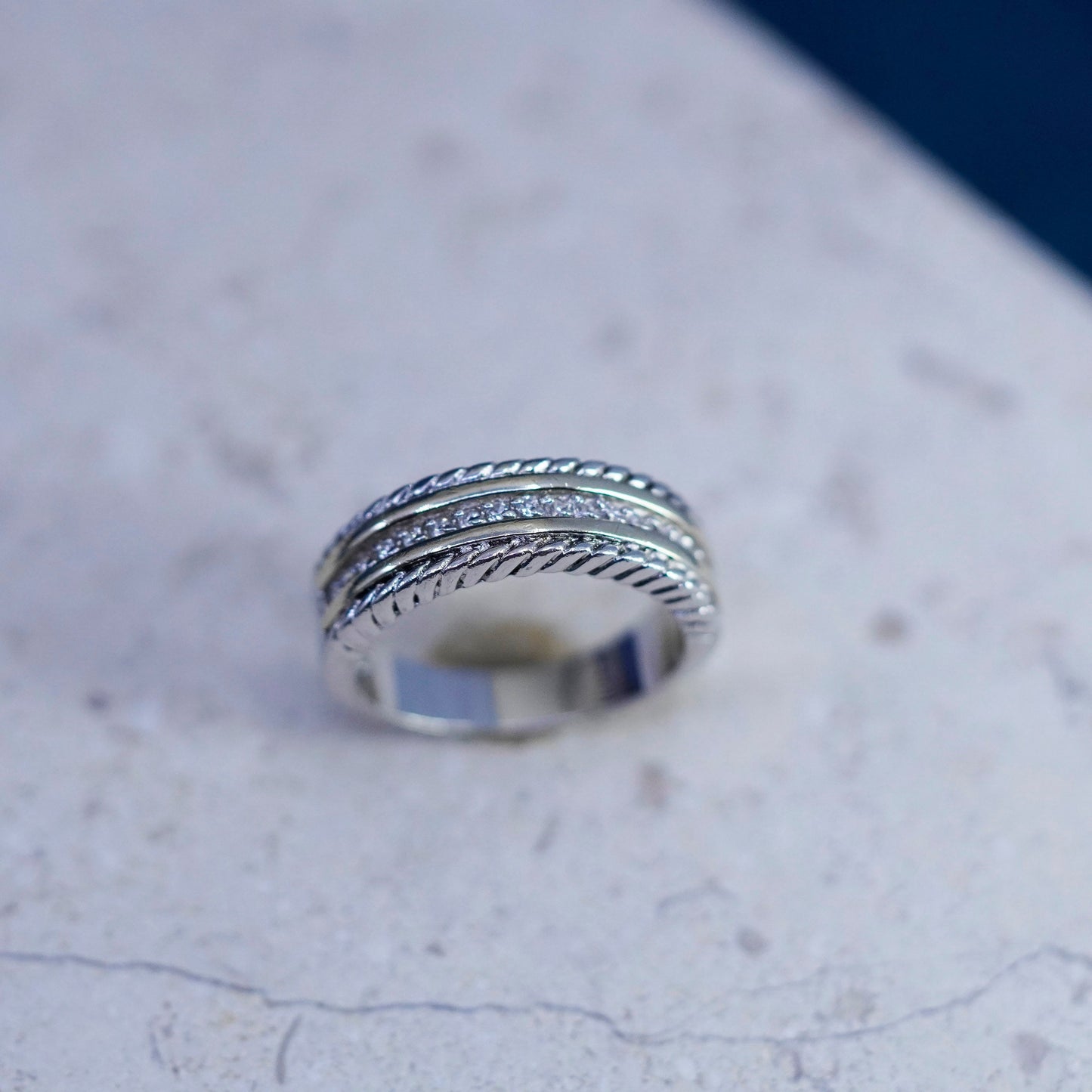 Size 8, vintage Sterling silver ring, 925 stackable band with clear cz