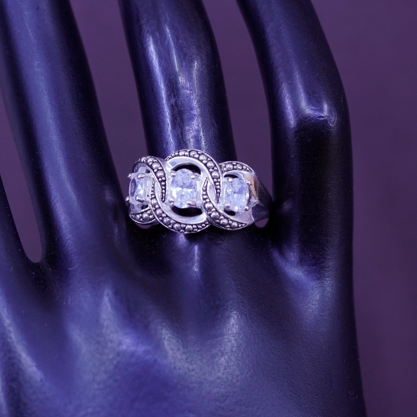 Size 8, vintage Sterling 925 silver engagement ring with cz and beads
