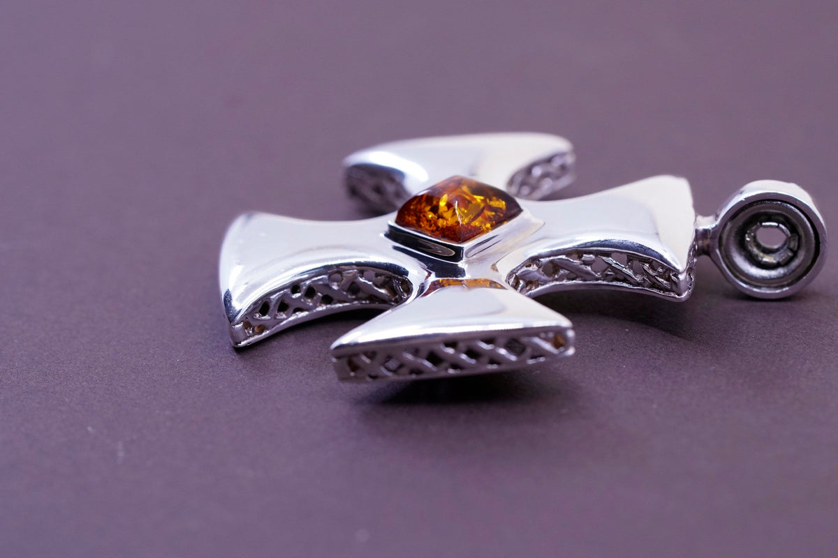 vtg ESPO Sterling silver pendant, 925 Jerusalem cross with filigree and amber