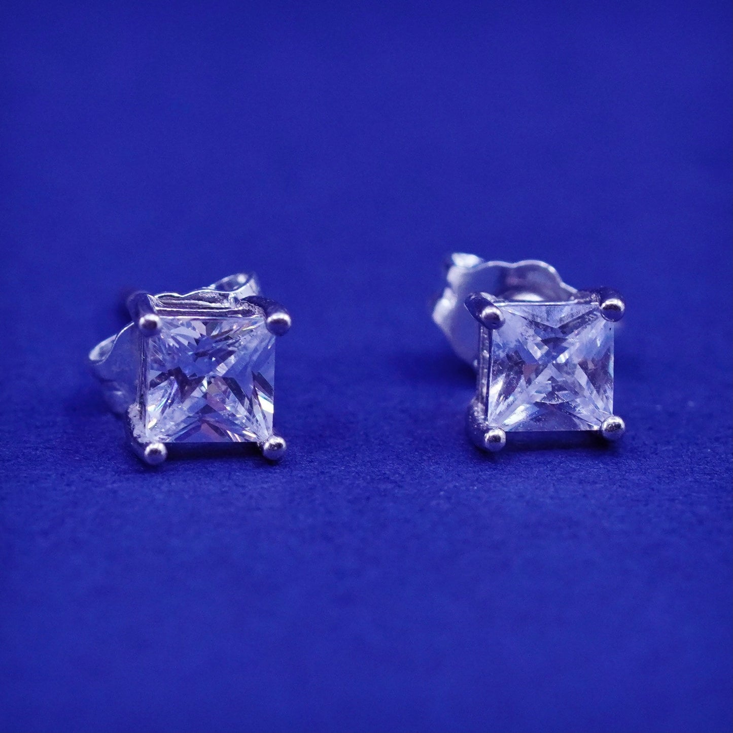 4mm, Vintage sterling silver handmade earrings, square 925 studs with CZ